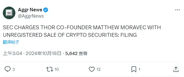 美 SEC 起訴 THOR 聯合創始人 Matthew Moravec