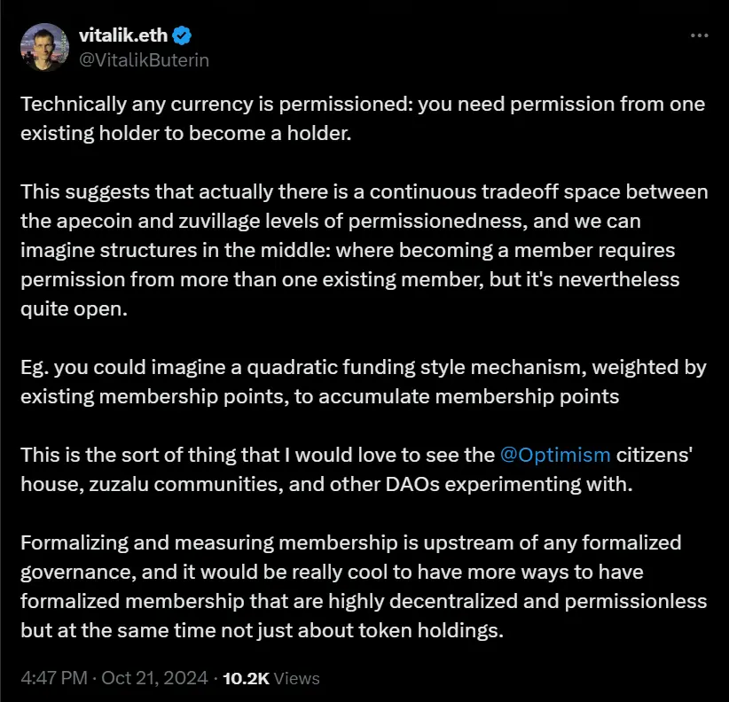 Vitalik: It would be really cool if future DAOs had more ways to achieve highly decentralized and permissionless formal membership