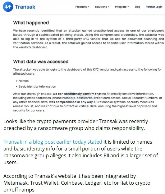 ZachXBT: Transak recently suffered a ransomware attack, resulting in the leakage of some user information