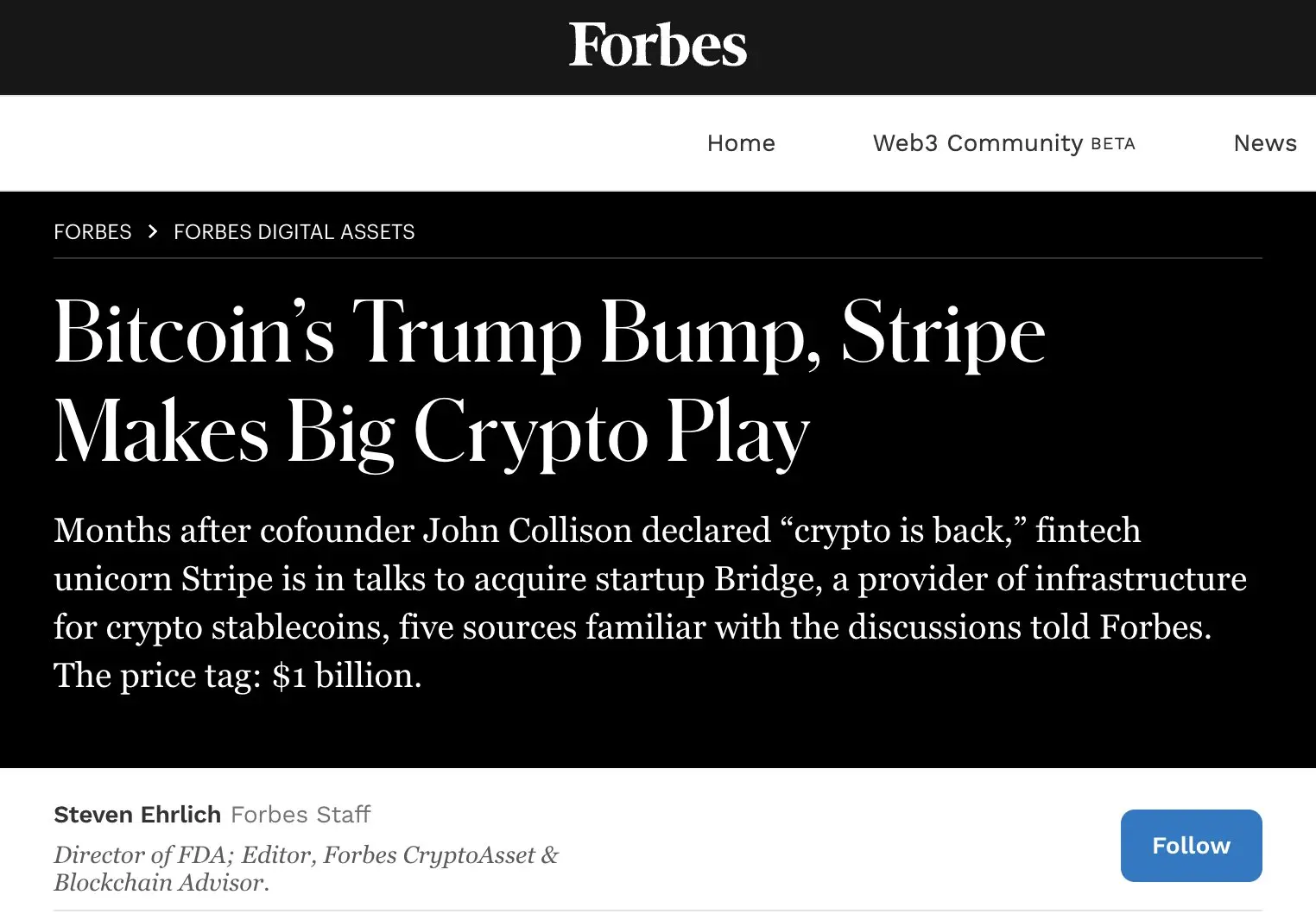 福布斯：比特币上涨原因可能是市场预期特朗普将在两周内赢得总统选举