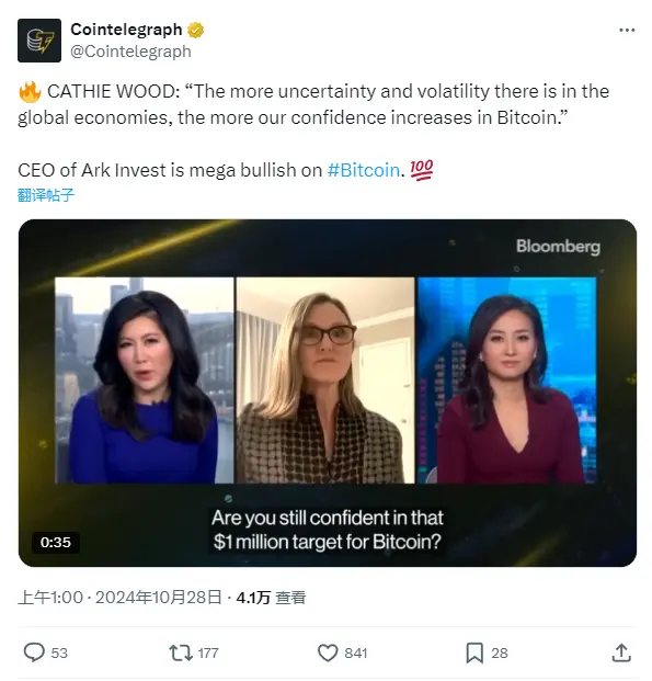 キャシー・ウッド：世界経済の不確実性と変動性が大きくなるほど、私たちのビットコインへの信頼は強まる。