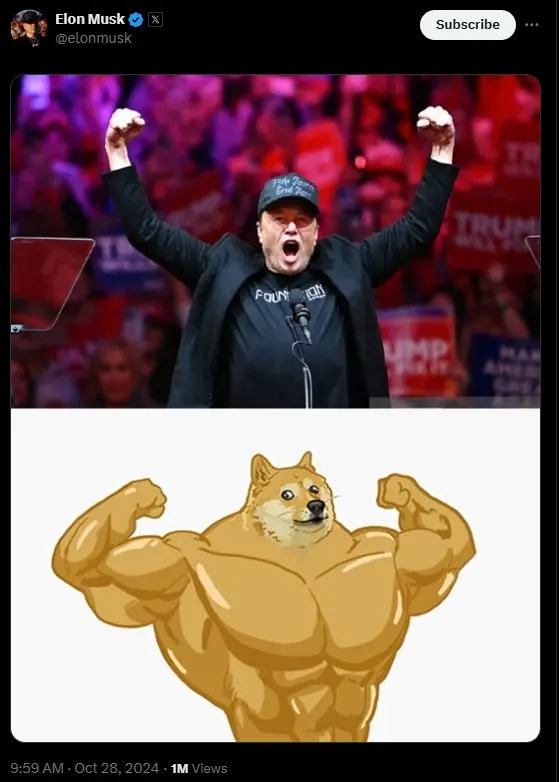 马斯克在 X 平台发布柴犬相关图片以配合美国大选