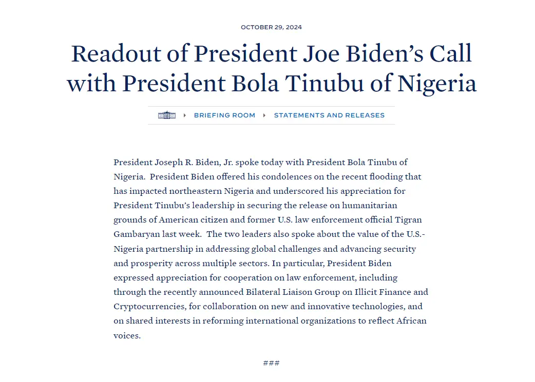 白宫：拜登感谢尼日利亚总统释放币安高管 Tigran Gambaryan