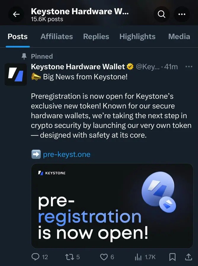 慢雾余弦：ハードウェアウォレット Keystone の公式 X アカウントがハッキングされました。フィッシングリンクに注意してください。