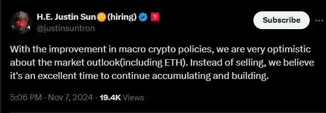 孙宇晨：对市场前景非常乐观，包括 ETH