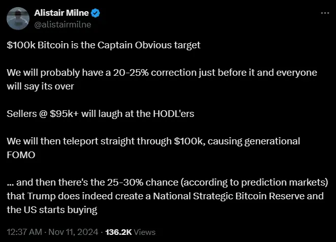 暗号 KOL コビー：ビットコインが10万ドルを突破すれば、簡単に25万ドルまで上昇する。