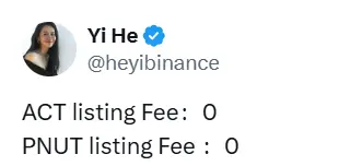 何一：ACT 和 PNUT 上币费为 0