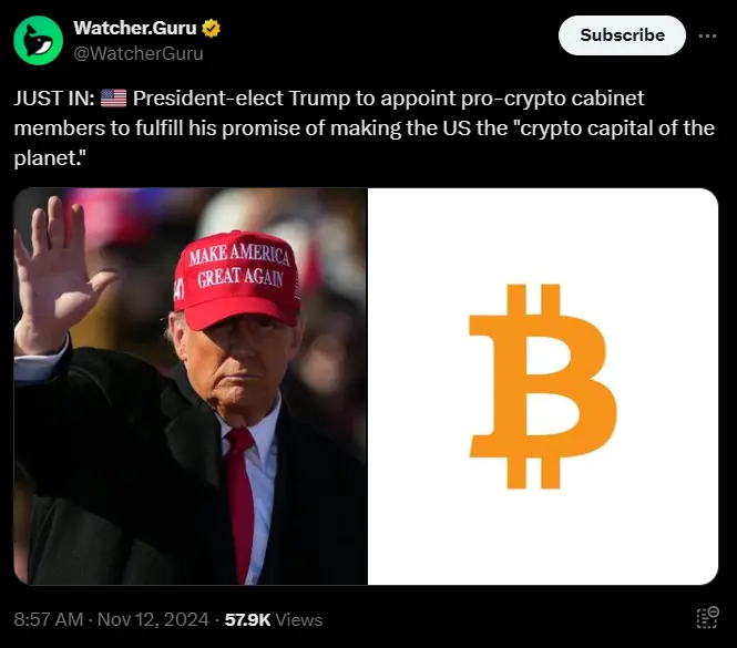 特朗普将任命支持加密货币的内阁成员