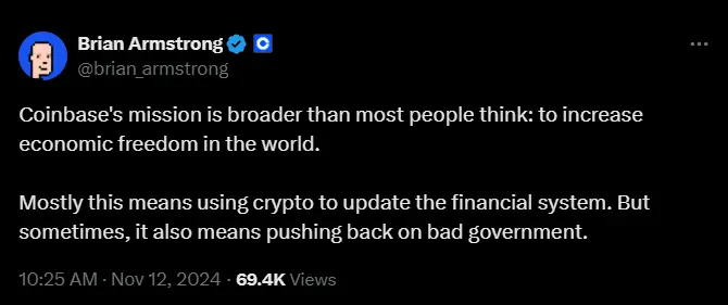 Coinbase CEO：Coinbaseの使命は、世界経済の自由を増加させることです。