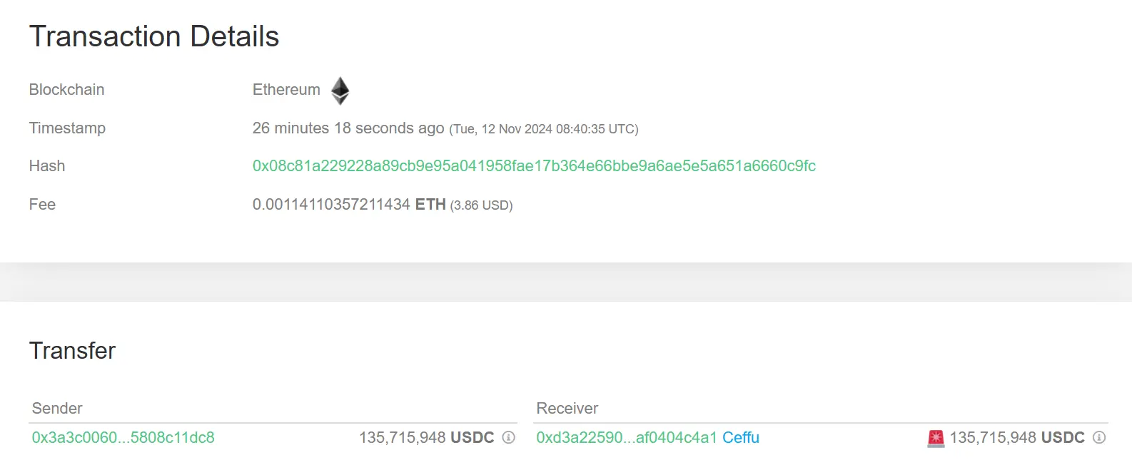 데이터: 바이낸스 기관 관리 플랫폼 Ceffu에 1.35억 개의 USDC를 입금했습니다