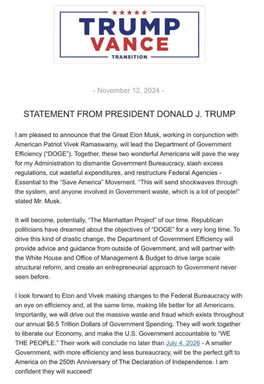 特朗普宣布 Elon Musk 和 Vivek Ramaswamy 將領導政府效率部