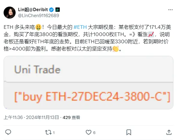 Deribit：어떤 사용자가 연말 행사가격이 3800 달러인 콜 옵션을 구매했으며, 총 10000 개의 ETH를 구매했습니다
