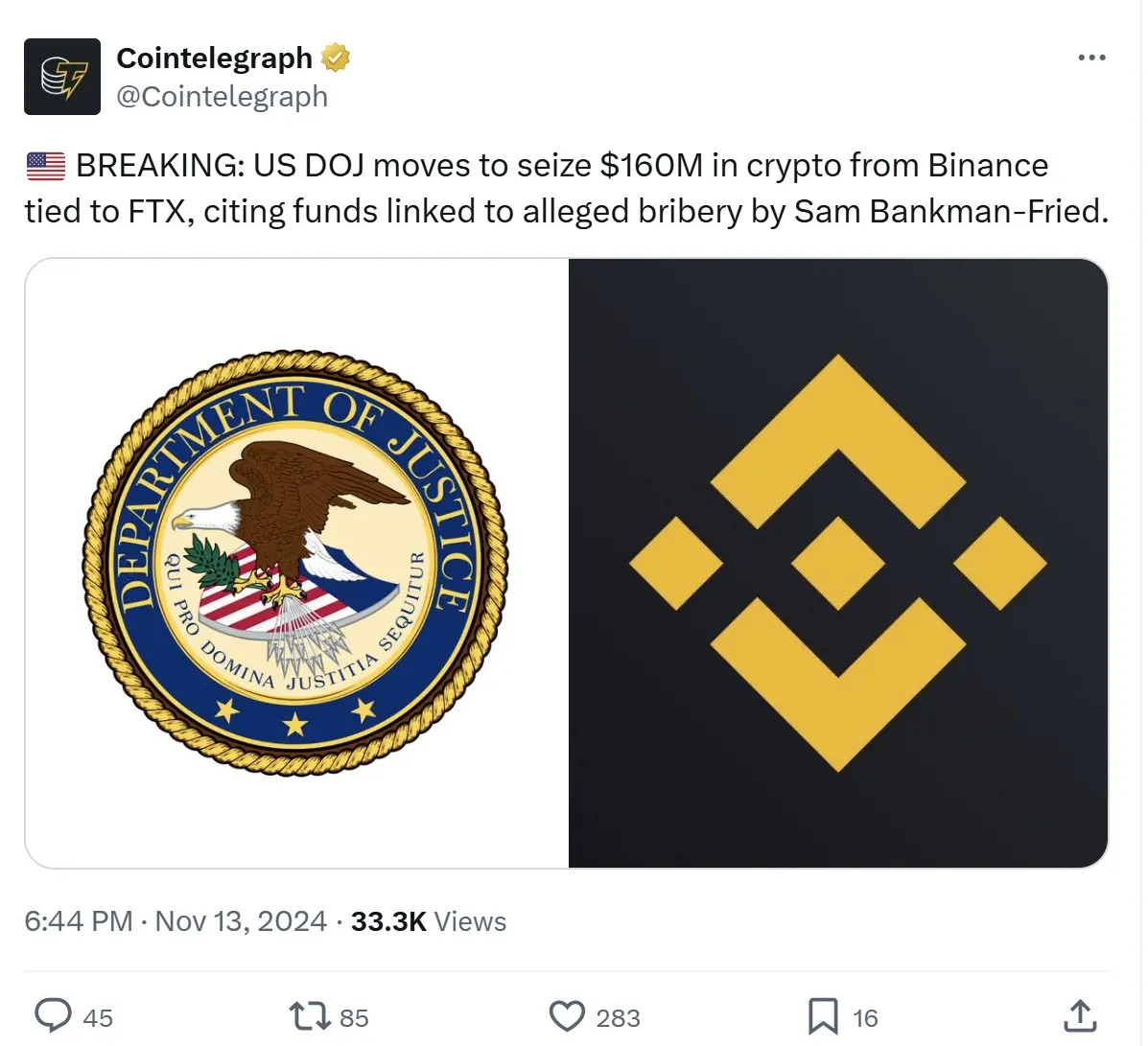 Foreign media: The U.S. Department of Justice requests the seizure of $160 million in cryptocurrency related to FTX on Binance
