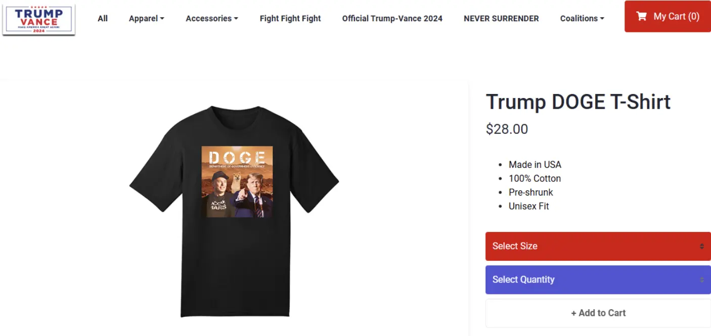 トランプの公式キャンペーンサイトでDOGEテーマのTシャツの販売が開始されました。