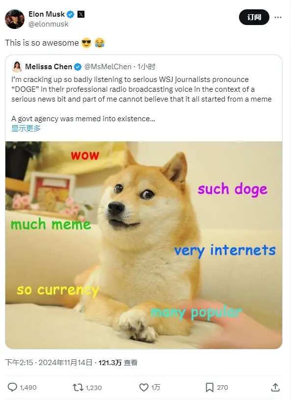 马斯克：听到传统媒体在新闻中念出“DOGE”的感觉太棒了