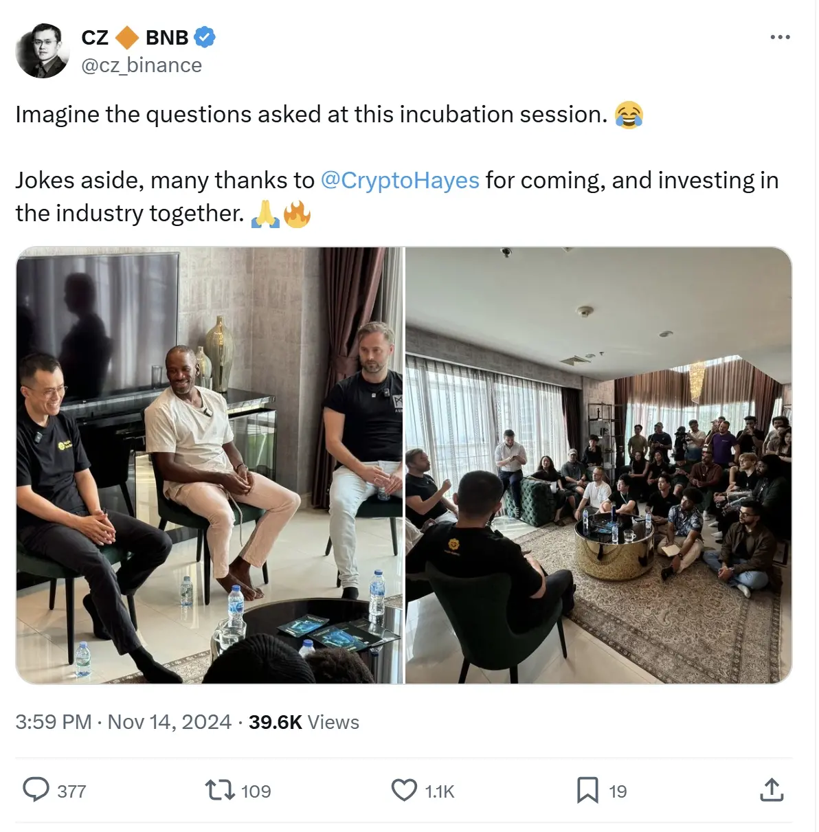 赵长鹏分享与 Arthur Hayes 的会面照片