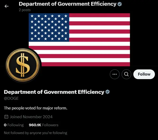 马斯克领导的政府效率部（D.O.G.E）官方 X 账号已上线