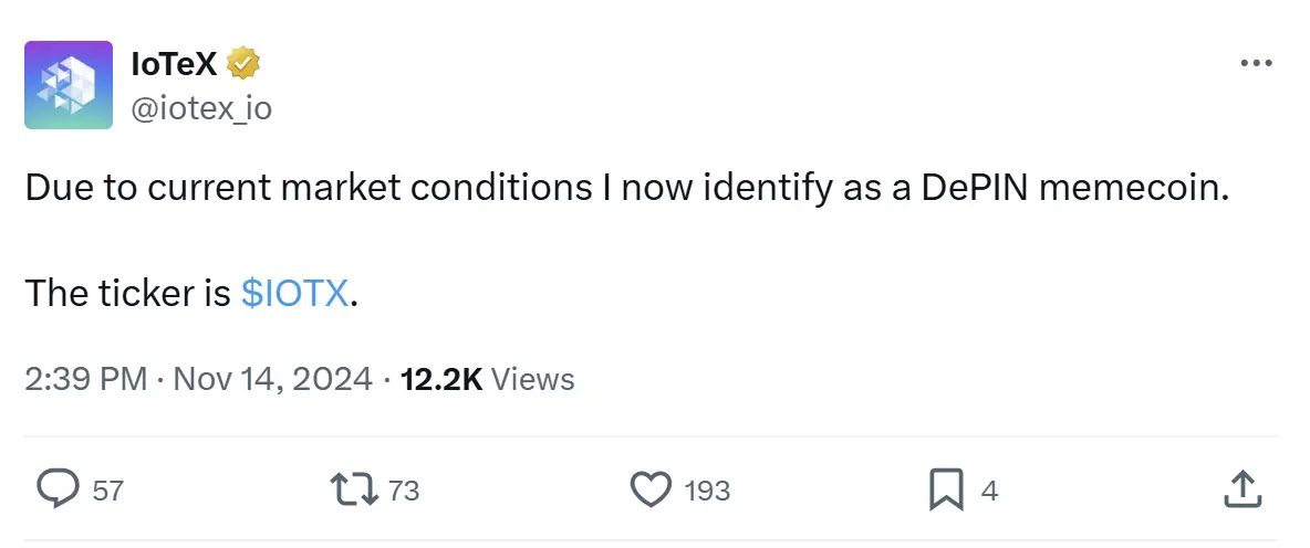 IoTeX：鉴于当前的市场状况，现在认同 IOTX 是 DePIN Meme 币