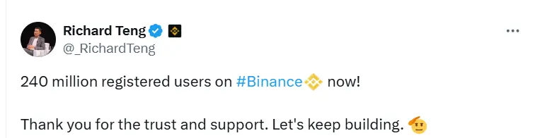 币安 CEO：平台注册用户数达 2.4 亿