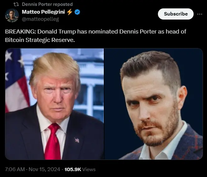 特朗普提名 Satoshi ActionFund 联合创始人为比特币战略储备负责人