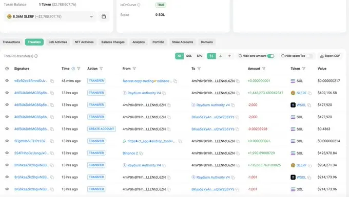 数据：某新建地址从 Binance 提币超 1.1 万枚 SOL 并买入 836 万枚 SLERF