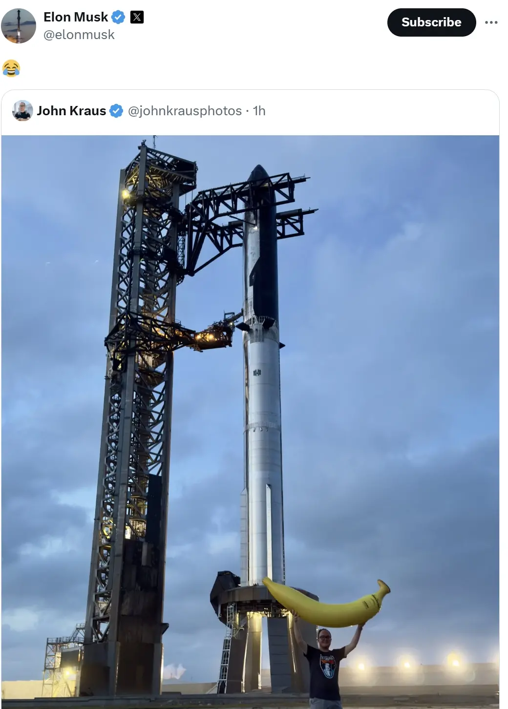 Musk retweets a photo of SpaceX's Starship with a banana ornament