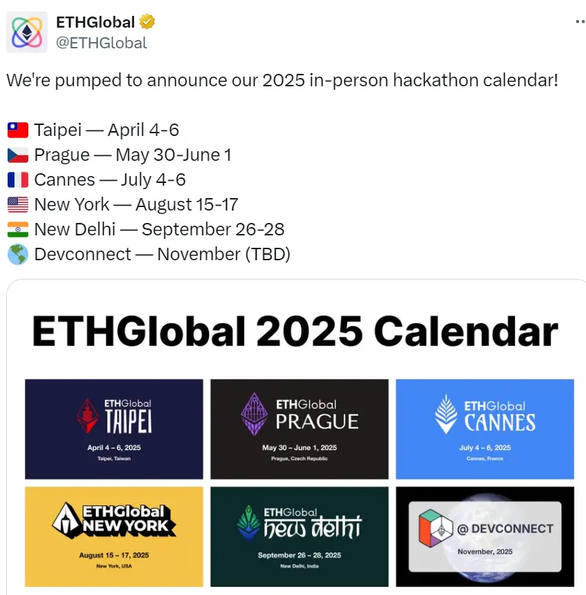 ETHGlobal 공식 발표 2025년 일정, 최소 6회의 해커톤 개최 예정