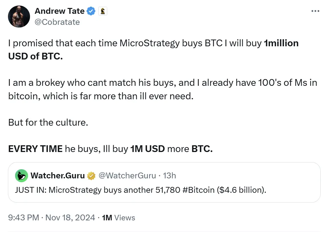 ソーシャルメディアの有名人アンドリュー・テイトは、マイクロストラテジーに続いてビットコインを購入することを約束しました。