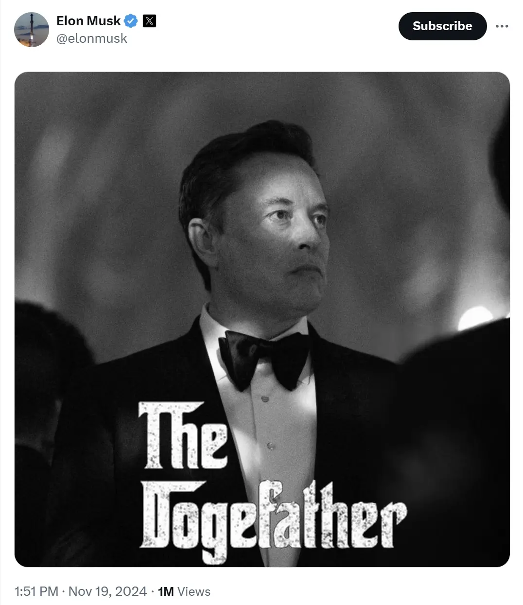 马斯克发布带有 “The Dogefather” 字样的个人肖像照片