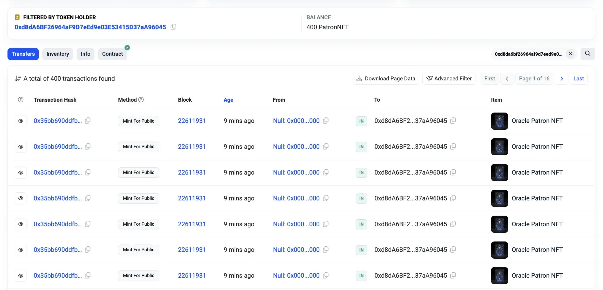 派盾：vitalik.eth 标记地址跨桥 32 枚 ETH 至 Base 并铸造了 400 枚 Oracle Patron NFT