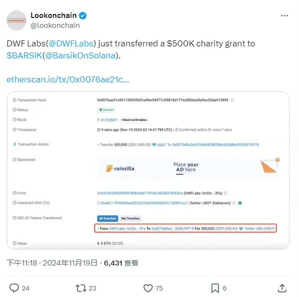 DWF LabsはBARSIKに50万ドルの慈善寄付を転送しました。