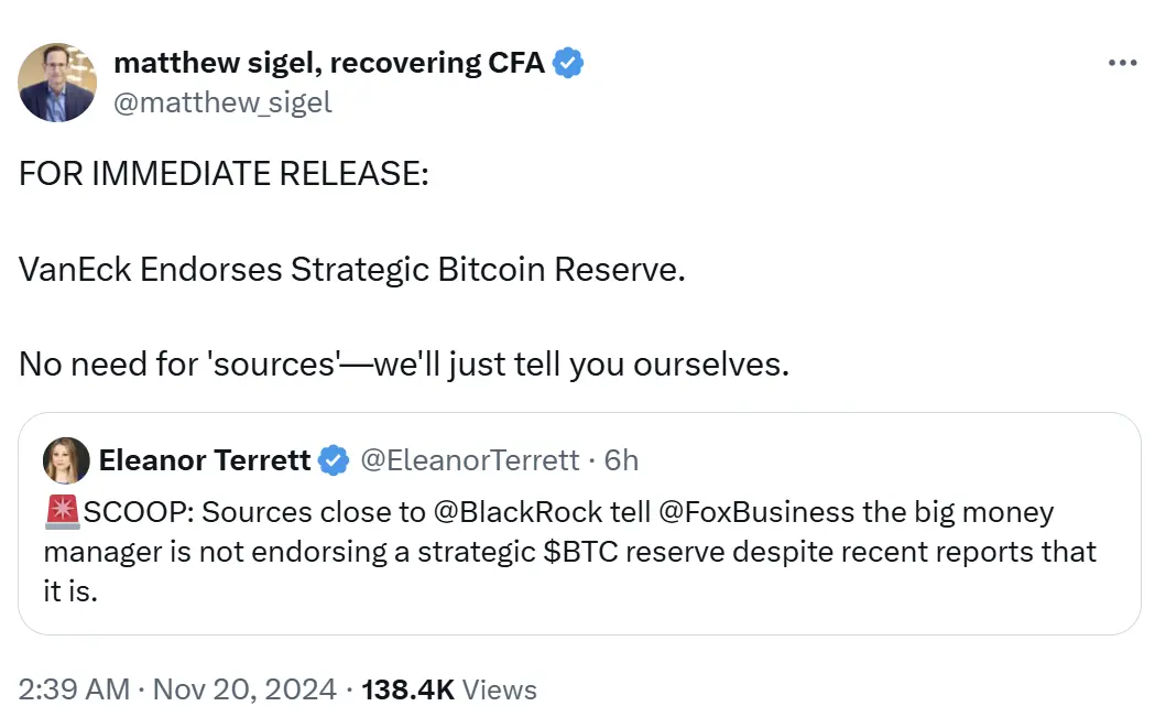 VanEckはビットコイン戦略的備蓄を支持しています。