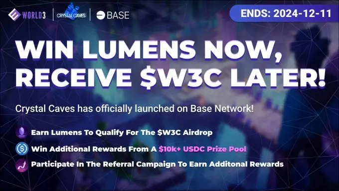 AI 自治世界項目 WORLD3 在 Base 上線全鏈遊戲 Crystal Caves，同時開啟贏取代幣空投第一期活動