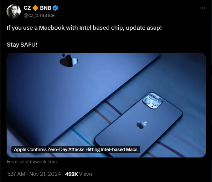 赵长鹏：使用基于 Intel 芯片 Macbook 的用户，请尽快更新以保持安全
