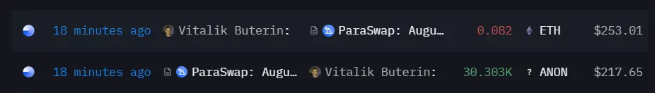 数据：Vitalik 将 0.082 枚 ETH 兑换成 3 万枚 ANON