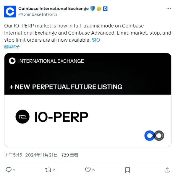 Coinbase 國際站：IO 永續期貨合約已全面開放交易