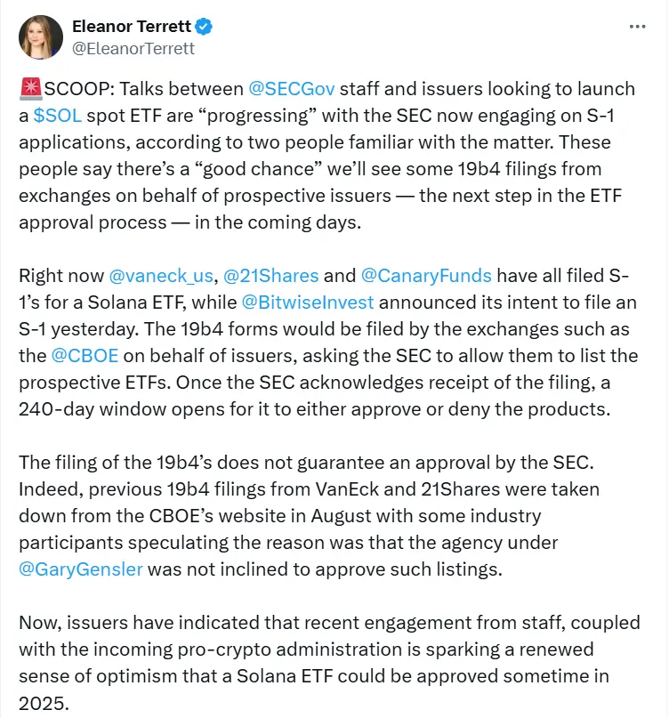Fox 기자: 미국 SEC와 SOL 현물 ETF 발행사 간의 협상이 진전을 보이고 있다