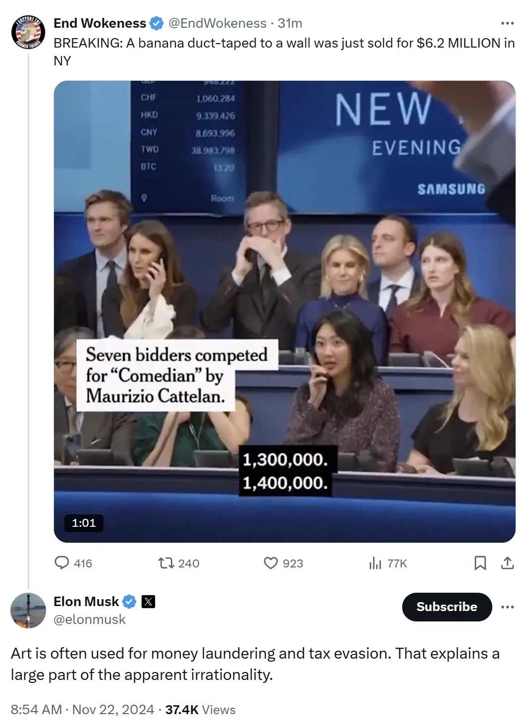 머스크: 예술품은 종종 돈세탁과 탈세에 사용된다