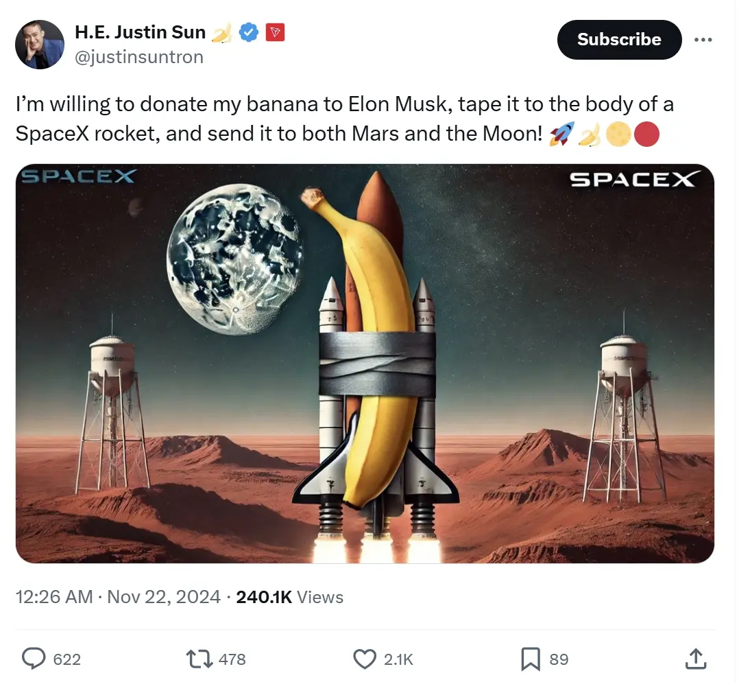 孙宇晨：愿意把香蕉艺术品捐给马斯克，送往火星和月球