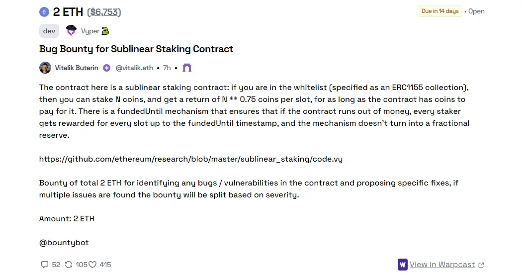 Vitalik 發布次線性質押合約漏洞賞金計劃，獎勵總額為 2 ETH
