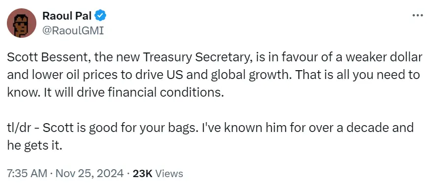 Real Vision 창립자: 신임 재무장관 Scott Bessent는 약세 달러와 저유가를 통해 미국과 세계 경제 성장을 촉진하는 데 찬성한다고 밝혔다