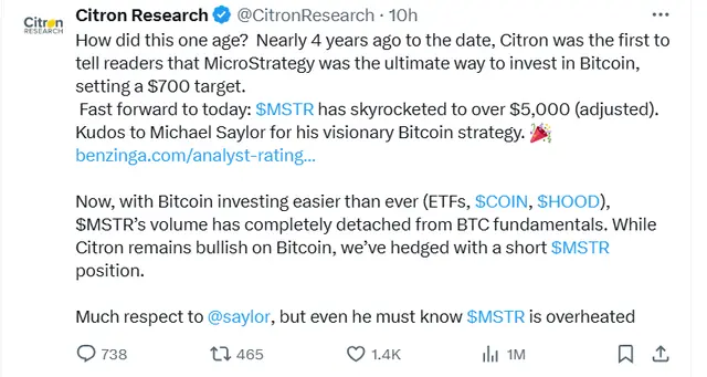 MSTR CEO talks about being shorted: Citron doesn't understand where MSTR's premium over Bitcoin comes from
