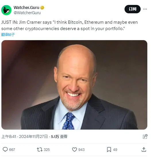 Jim Cramer：비트코인, 이더리움 등 암호화폐는 투자 포트폴리오에 포함될 가치가 있다