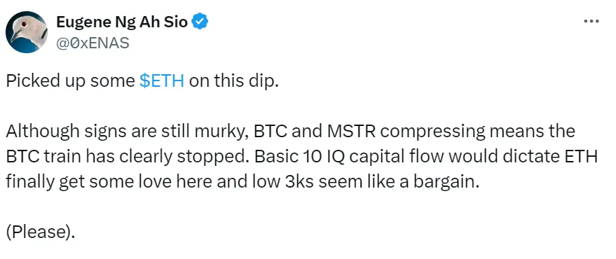 顶级交易员 Eugene ：市场下行期间已买入 ETH