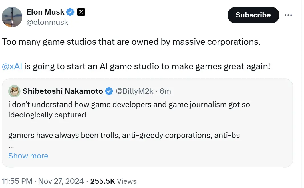 マスク：xAIが間もなくAIゲームスタジオを立ち上げる