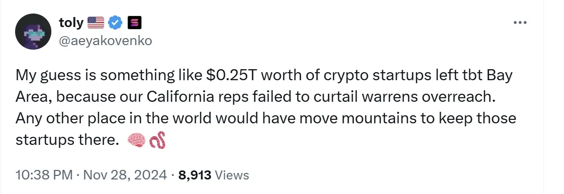 Solana co-founder: Crypto startups with a total valuation of about $250 billion are leaving the San Francisco Bay Area due to excessive regulation