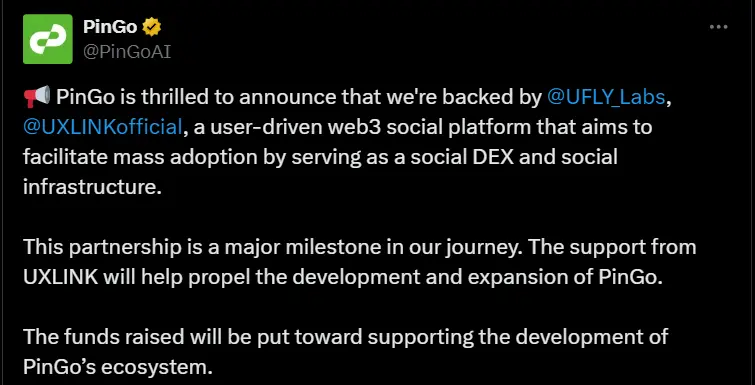 TONチェーンに基づくDePIN+AIプロジェクトPinGoがUFLY Labsから投資を受けました。