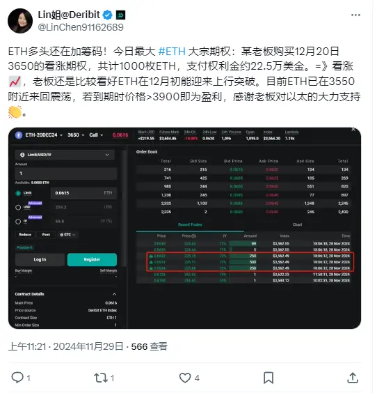 Deribit 亚太商务负责人：Deribit 上 ETH 大宗期权买入 12 月 20 日 3650 美元看涨期权，共计 1000 枚 ETH