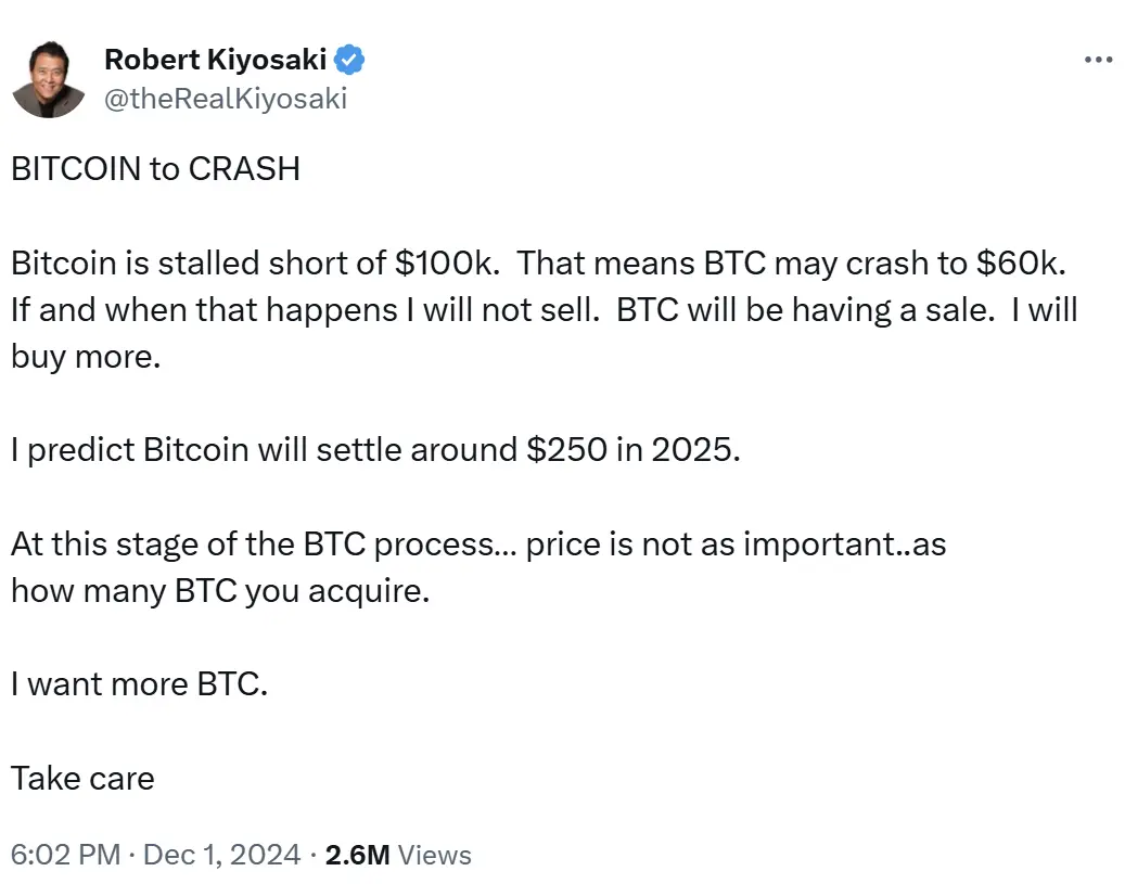 『金持ち父さん 貧乏父さん』著者：ビットコインが10万ドルを突破できなければ、6万ドルまで調整する可能性があります。