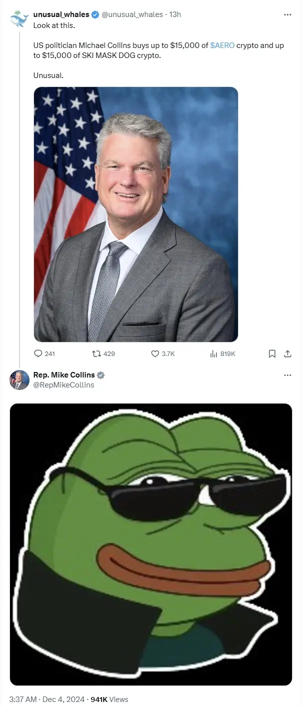 数据：美国众议员 Michael Collins 购买价值 1.5 万美元的 Meme 币 SKI 和 AERO